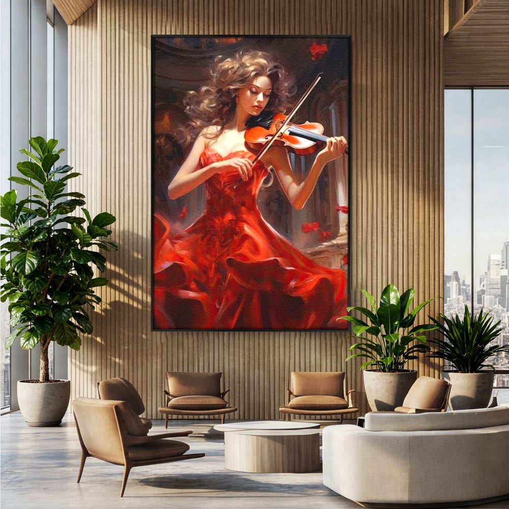 Tablou canvas cu tablou canvas cu femeie violonista, in rama de aluminiu negru, pe perete intr-un birou